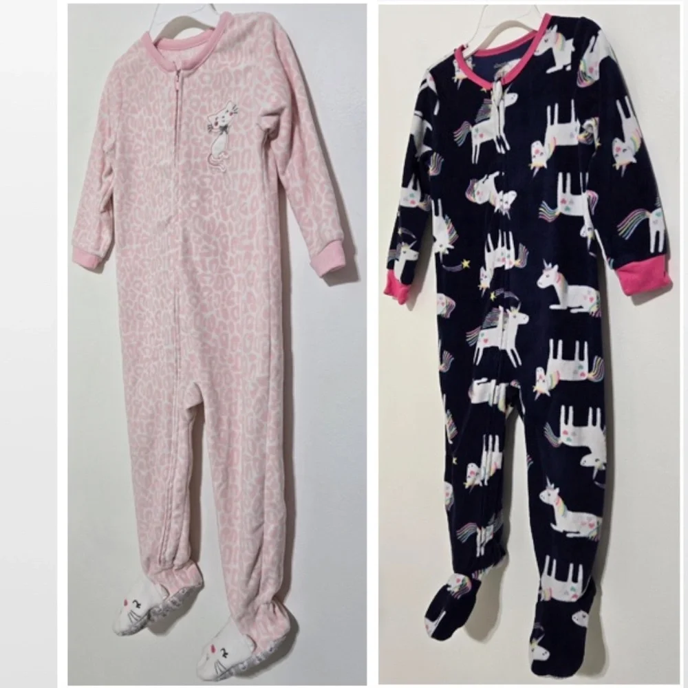 2 Footed Fleece Pajamas Girls 2T Animal Print Pink Leopard Cat & Blue Unicorn